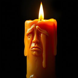 A living candle on fire, with a human-like face, weeping giant waxy tears