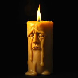 A living candle on fire, with a human-like face, weeping giant waxy tears