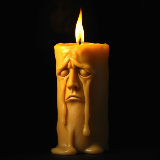 A living candle on fire, with a human-like face, weeping giant waxy tears