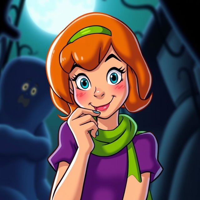 Daphne Blake from Scooby-Doo, biting her lip in a playful and slightly mischievous manner