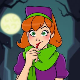 Daphne Blake from Scooby-Doo, biting her lip in a playful and slightly mischievous manner