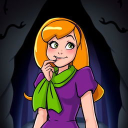 Daphne Blake from Scooby-Doo, biting her lip in a playful and slightly mischievous manner