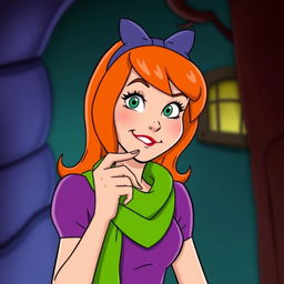 Daphne Blake from Scooby-Doo, biting her lip in a playful and slightly mischievous manner