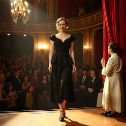 A beautiful actress wearing a vintage black dress is making her entrance on stage in a crowded theater