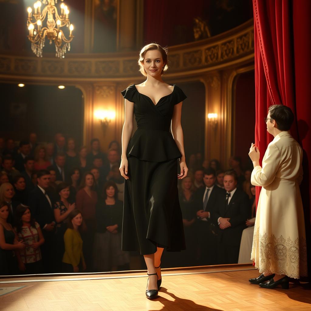 A beautiful actress wearing a vintage black dress is making her entrance on stage in a crowded theater