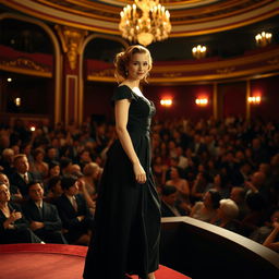 A beautiful actress wearing a vintage black dress is making her entrance on stage in a crowded theater