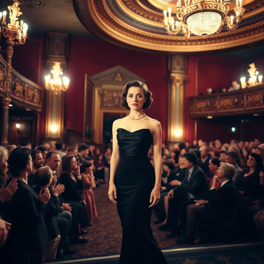 A beautiful actress wearing a vintage black dress is making her entrance on stage in a crowded theater