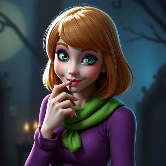 A realistic portrayal of Daphne Blake from Scooby-Doo, biting her lip in a playful and slightly mischievous manner