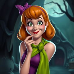 A realistic portrayal of Daphne Blake from Scooby-Doo, biting her lip in a playful and slightly mischievous manner