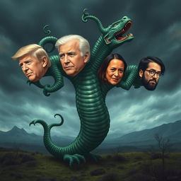 A hydra with multiple heads, each featuring the faces of Donald Trump, JD Vance, Joe Biden, Kamala Harris, and Joe Rogan