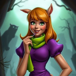 A realistic portrayal of Daphne Blake from Scooby-Doo, biting her lip in a playful and slightly mischievous manner