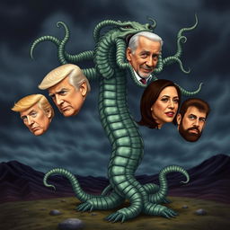 A hydra with multiple heads, each featuring the faces of Donald Trump, JD Vance, Joe Biden, Kamala Harris, and Joe Rogan