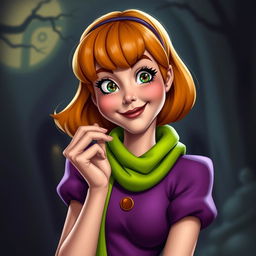 A realistic portrayal of Daphne Blake from Scooby-Doo, biting her lip in a playful and slightly mischievous manner