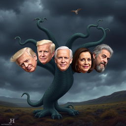 A hydra with multiple heads, each featuring the faces of Donald Trump, JD Vance, Joe Biden, Kamala Harris, and Joe Rogan