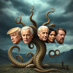 A hydra with multiple heads, each featuring the faces of Donald Trump, JD Vance, Joe Biden, Kamala Harris, and Joe Rogan