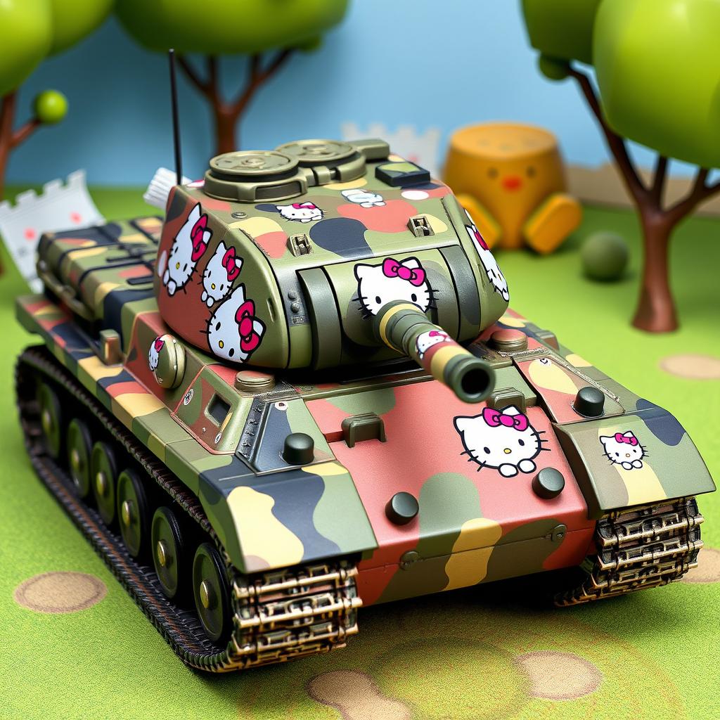 A German Tiger tank adorned with Hello Kitty decals and a unique camouflage pattern