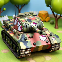 A German Tiger tank adorned with Hello Kitty decals and a unique camouflage pattern