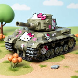 A German Tiger tank adorned with Hello Kitty decals and a unique camouflage pattern