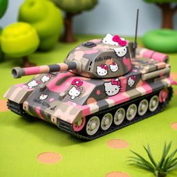 A German Tiger tank adorned with Hello Kitty decals and a unique camouflage pattern