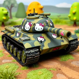 A German Tiger tank adorned with Hello Kitty decals and a unique camouflage pattern