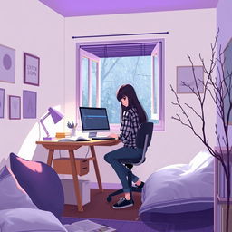 A cozy room with white and purple walls, softly illuminated by low light and a purple lamp