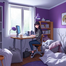 A cozy room with white and purple walls, softly illuminated by low light and a purple lamp