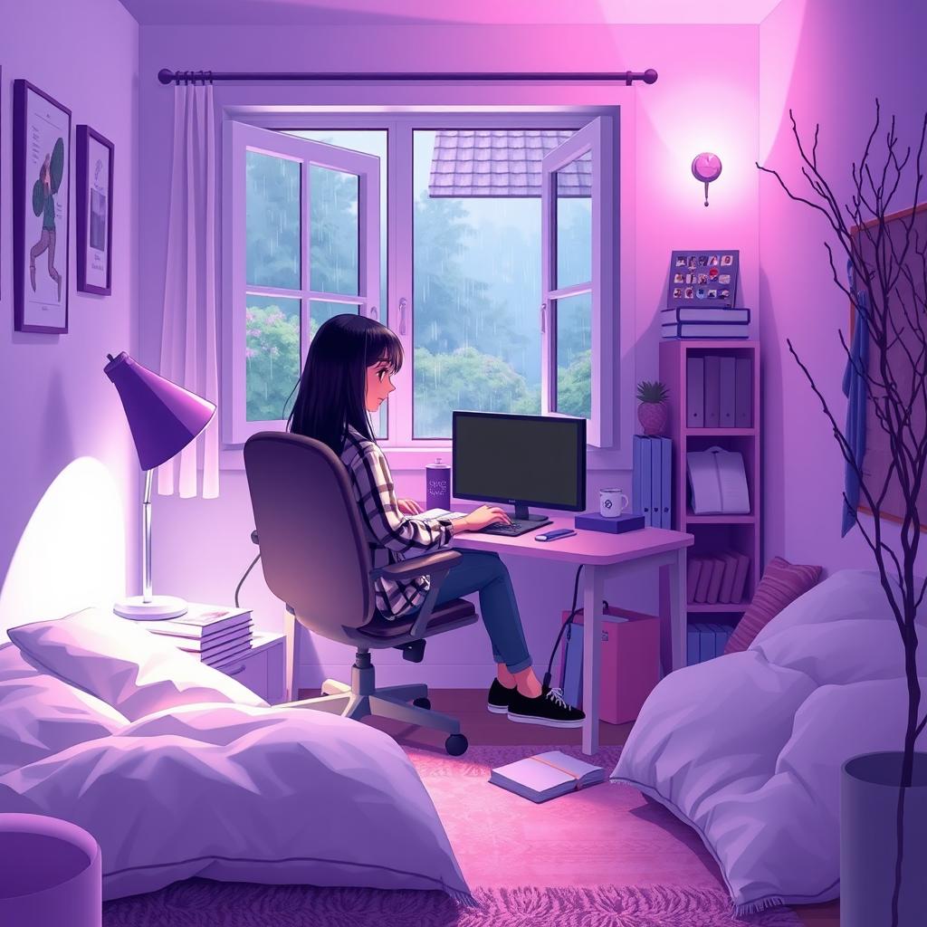 A cozy room with white and purple walls, softly illuminated by low light and a purple lamp