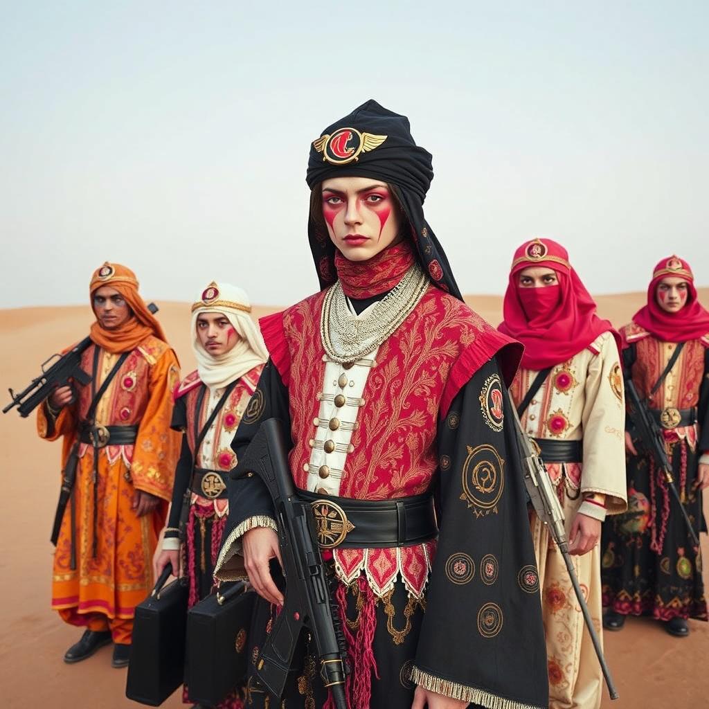 A group of Middle Eastern insurgents dressed in elaborate Japanese visual kei outfits