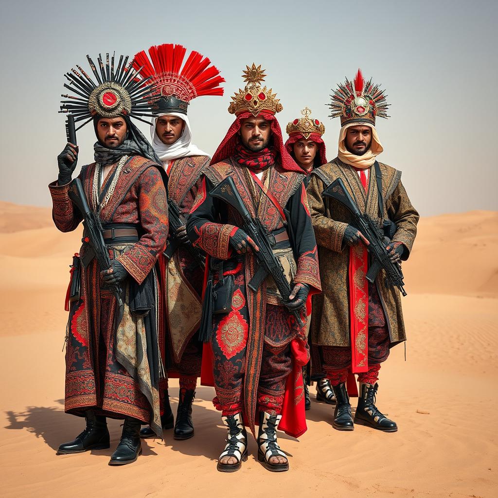 A group of Middle Eastern insurgents dressed in elaborate Japanese visual kei outfits