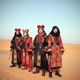 A group of Middle Eastern insurgents dressed in elaborate Japanese visual kei outfits