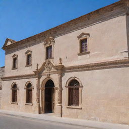 A detailed view of the iconic Casa de la Moneda in Potosi, Bolivia showing its historic colonial architecture with arched doorways, weathered stone walls and a background of clear, blue sky.