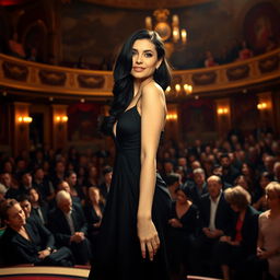 A beautiful actress with black hair wearing a sexy black dress is making her entrance on stage in a crowded theater