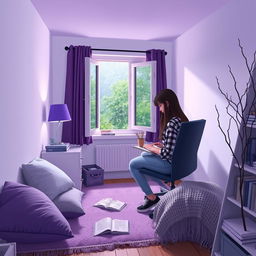 A cozy room with white and purple walls, softly illuminated by low light and a purple lamp