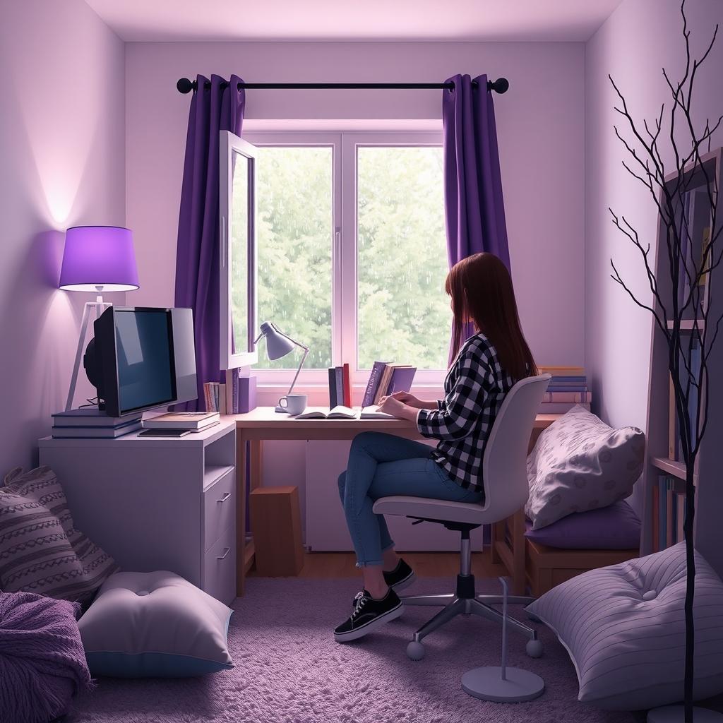 A cozy room with white and purple walls, softly illuminated by low light and a purple lamp