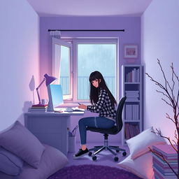 A cozy room with white and purple walls, softly illuminated by low light and a purple lamp