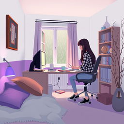 A cozy room with white and purple walls, softly illuminated by low light and a purple lamp