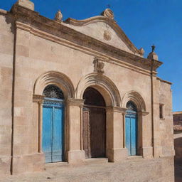 A detailed view of the iconic Casa de la Moneda in Potosi, Bolivia showing its historic colonial architecture with arched doorways, weathered stone walls and a background of clear, blue sky.