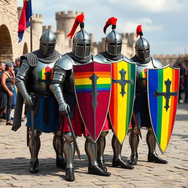 European Crusader knights adorned with Pride rainbow designs on their armor and shields