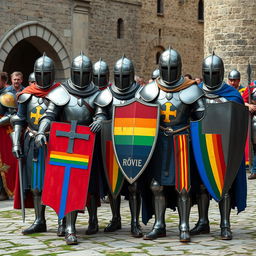 European Crusader knights adorned with Pride rainbow designs on their armor and shields