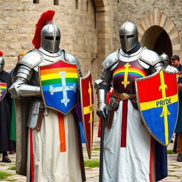 European Crusader knights adorned with Pride rainbow designs on their armor and shields