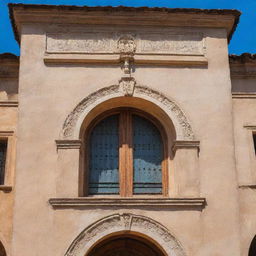 A detailed view of the iconic Casa de la Moneda in Potosi, Bolivia showing its historic colonial architecture with arched doorways, weathered stone walls and a background of clear, blue sky.