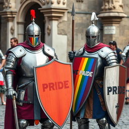 European Crusader knights adorned with Pride rainbow designs on their armor and shields