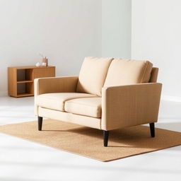 A 2-seat natural color armchair placed in a minimalist living room