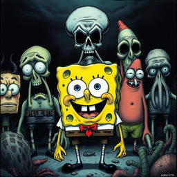 The cast of Spongebob Squarepants drawn in the eerie and detailed style of mangaka Junji Ito