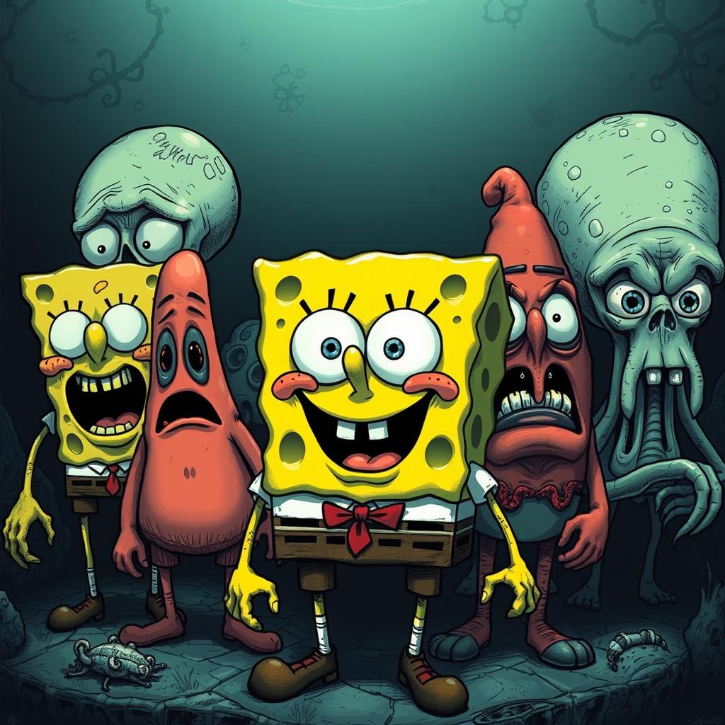 The cast of Spongebob Squarepants drawn in the eerie and detailed style of mangaka Junji Ito