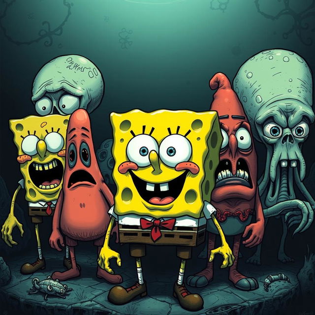 The cast of Spongebob Squarepants drawn in the eerie and detailed style of mangaka Junji Ito