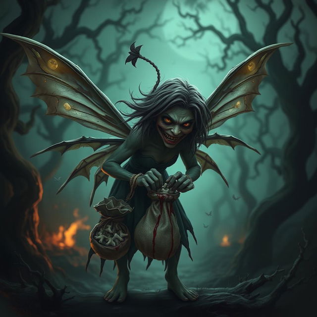 The tooth fairy depicted in a dark fantasy horror setting