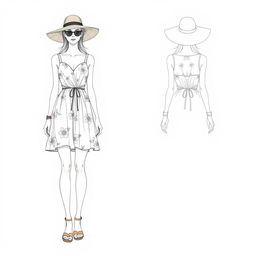 A detailed drawing of a summer wear outfit on a croquis