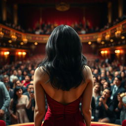 A beautiful actress with black hair is seen from behind as she enters a crowded theater