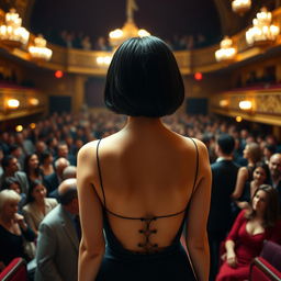 A beautiful actress with black hair is seen from behind as she enters a crowded theater